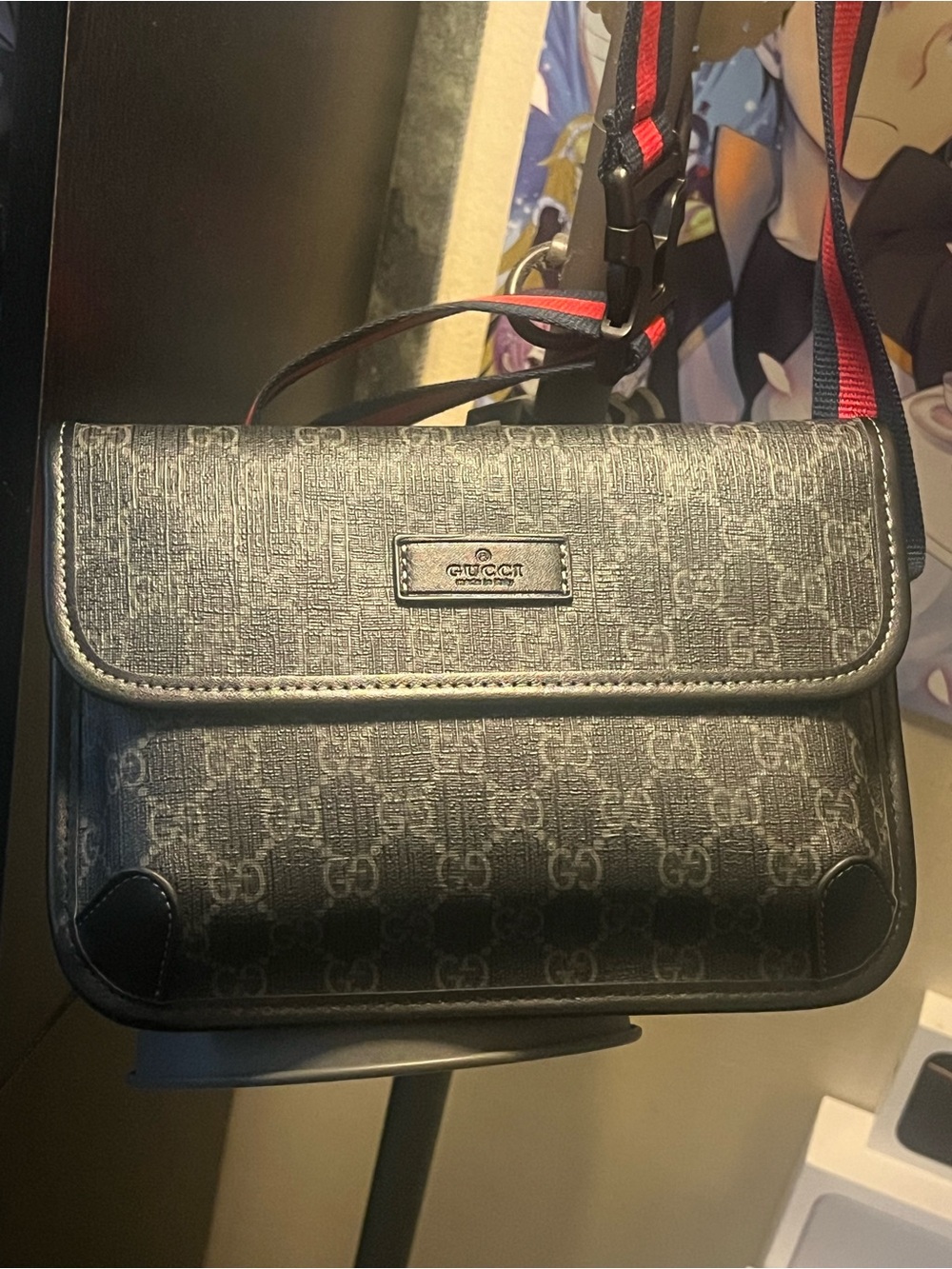 Gucci Black Monogram Canvas Crossbody with Red-Trim Strap